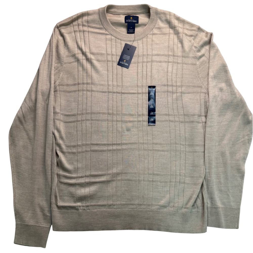 Stafford Mens XL Taupe Wool Blend Textured Grid Crew Neck Sweater NWT